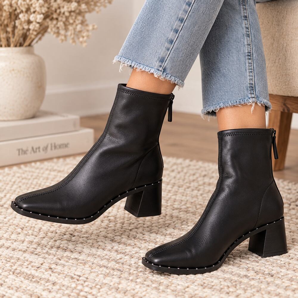 Open Edit Women’s Black Ankle Boots Size 7.5 M Block Heel Back Zip Studded